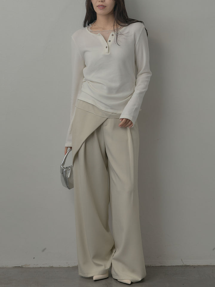 【SET】ミックスヤーンオーバーニットカーディガン+シアーレイヤードヘンリーネックトップス+ウエストラップワイドパンツ(3set)