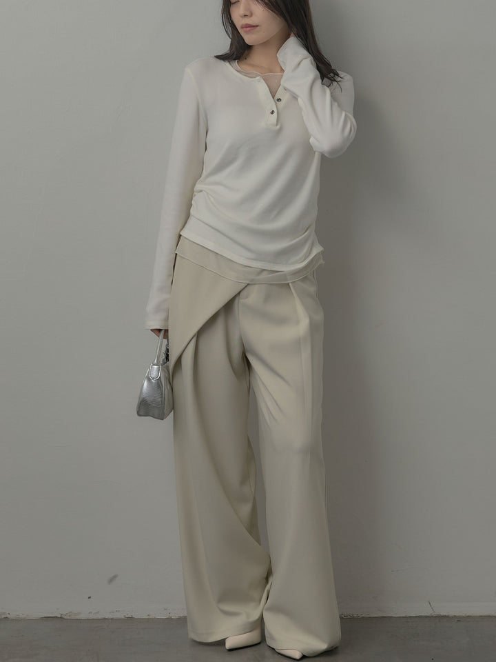 【SET】ミックスヤーンオーバーニットカーディガン+シアーレイヤードヘンリーネックトップス(2set)