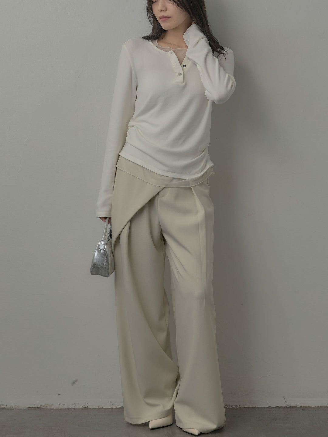 【SET】シアーレイヤードヘンリーネックトップス+ウエストラップワイドパンツ(2set)