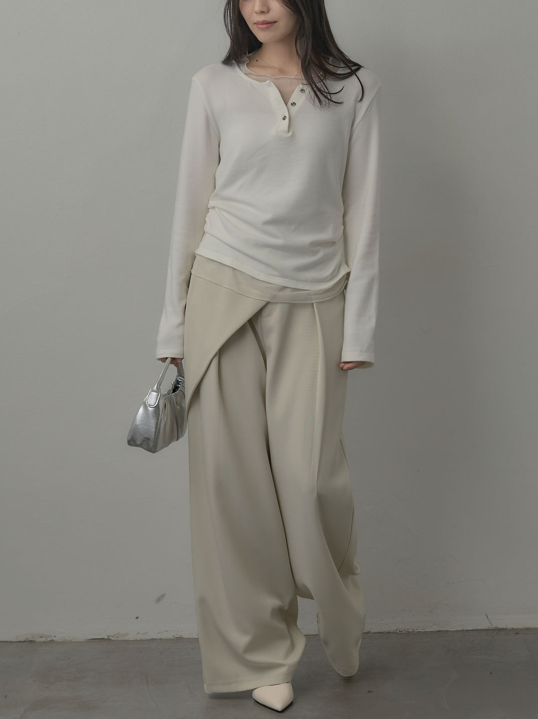 【SET】ミックスヤーンオーバーニットカーディガン+シアーレイヤードヘンリーネックトップス(2set)