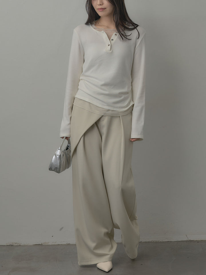 【SET】ミックスヤーンオーバーニットカーディガン+シアーレイヤードヘンリーネックトップス(2set)