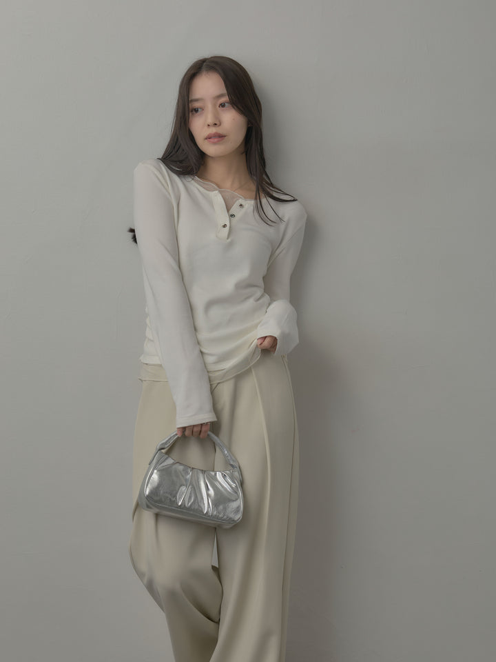 【SET】シアーレイヤードヘンリーネックトップス+ウエストラップワイドパンツ(2set)