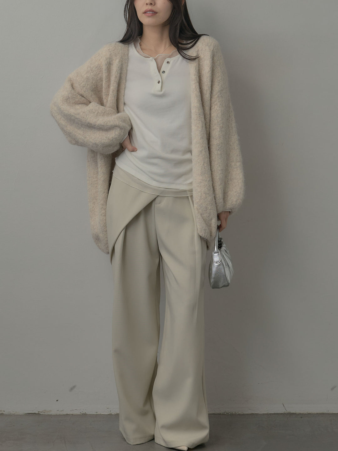 【SET】ミックスヤーンオーバーニットカーディガン+シアーレイヤードヘンリーネックトップス+ウエストラップワイドパンツ(3set)