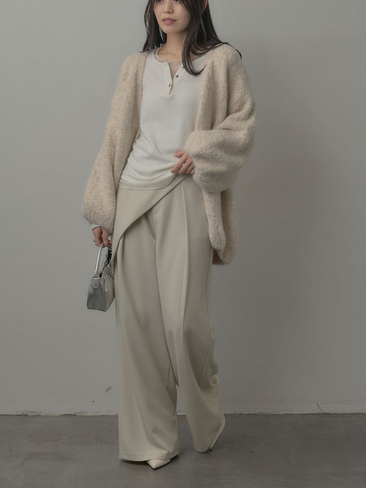 【SET】ミックスヤーンオーバーニットカーディガン+シアーレイヤードヘンリーネックトップス+ウエストラップワイドパンツ(3set)