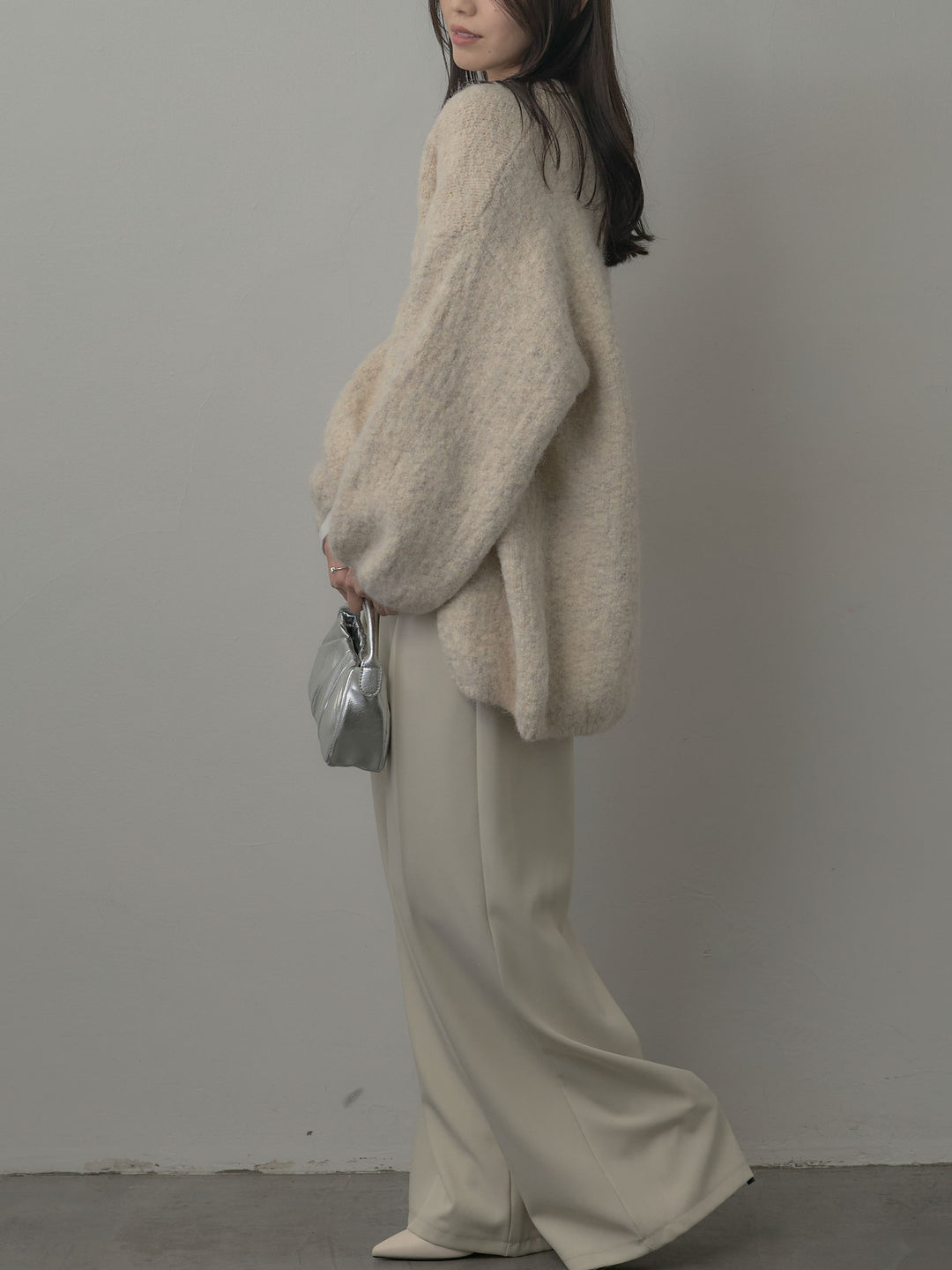 【SET】ミックスヤーンオーバーニットカーディガン+シアーレイヤードヘンリーネックトップス+ウエストラップワイドパンツ(3set)