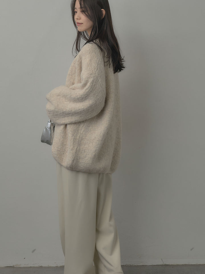 【SET】ミックスヤーンオーバーニットカーディガン+シアーレイヤードヘンリーネックトップス+ウエストラップワイドパンツ(3set)