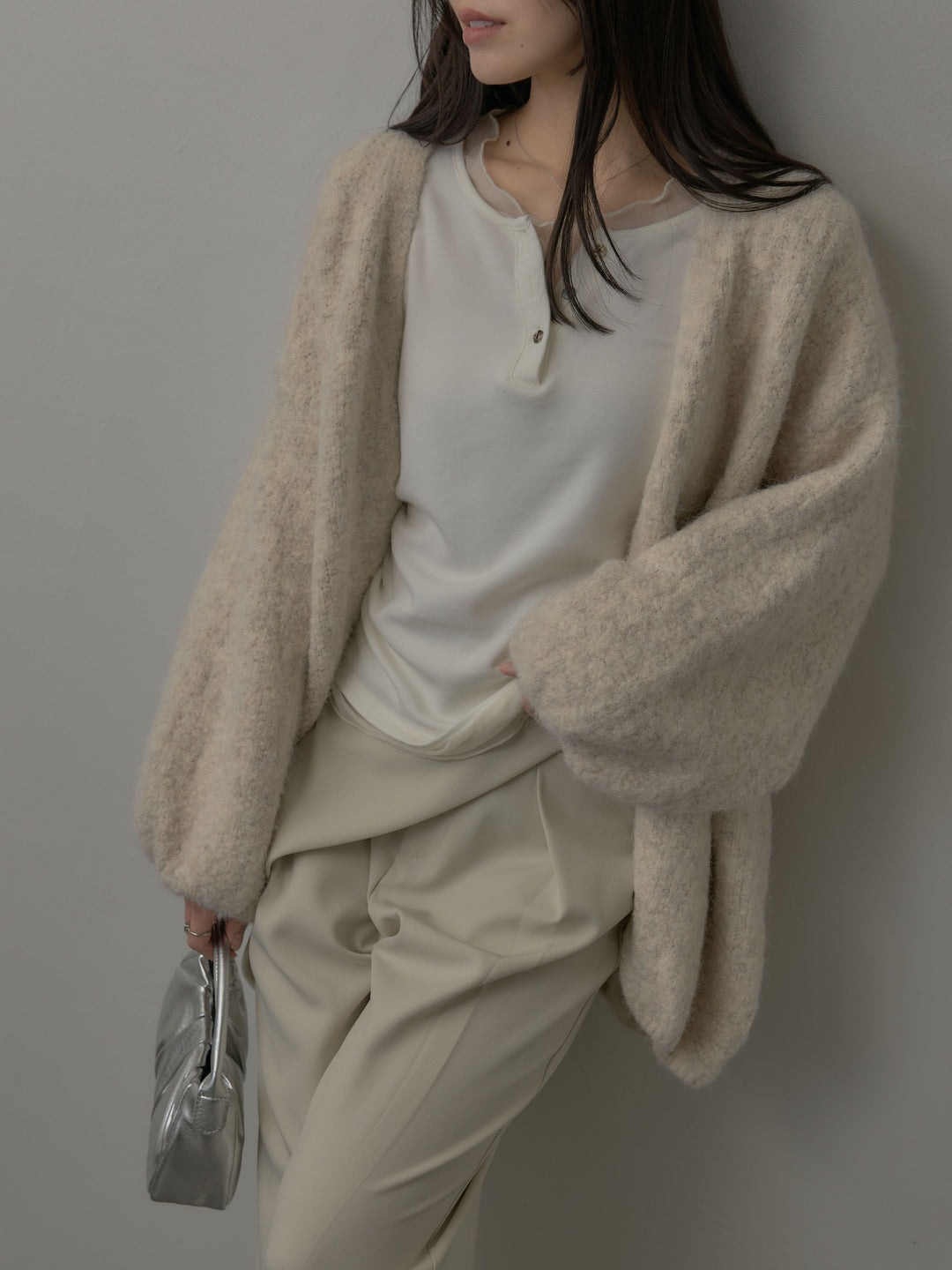 【SET】ミックスヤーンオーバーニットカーディガン+ウエストラップワイドパンツ(2set)