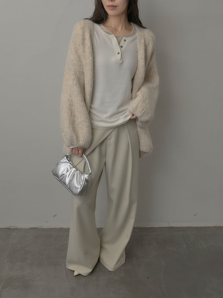 【SET】ミックスヤーンオーバーニットカーディガン+シアーレイヤードヘンリーネックトップス+ウエストラップワイドパンツ(3set)