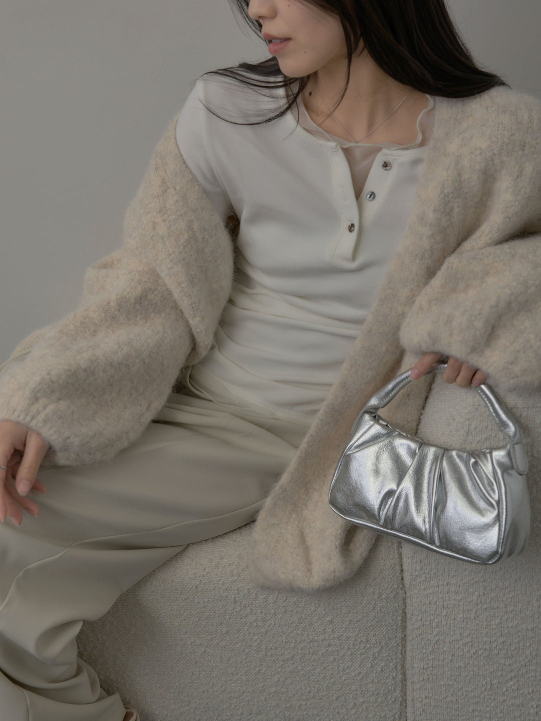 【SET】ミックスヤーンオーバーニットカーディガン+ウエストラップワイドパンツ(2set)