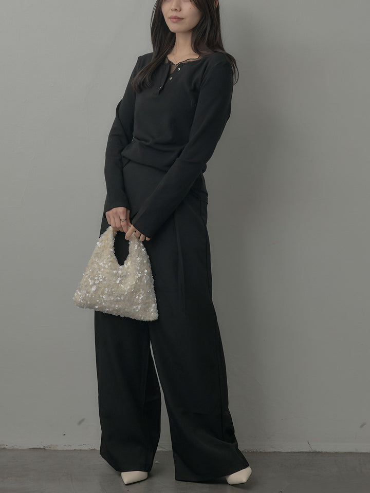 【SET】ミックスヤーンオーバーニットカーディガン+シアーレイヤードヘンリーネックトップス+ウエストラップワイドパンツ(3set)