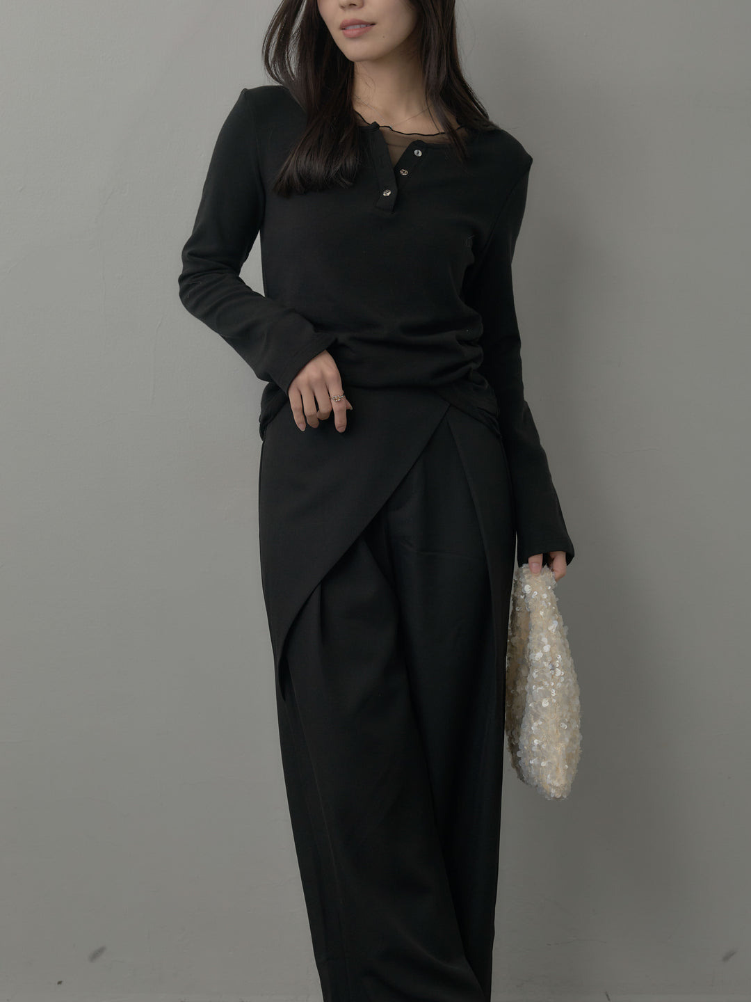 【SET】ミックスヤーンオーバーニットカーディガン+シアーレイヤードヘンリーネックトップス(2set)