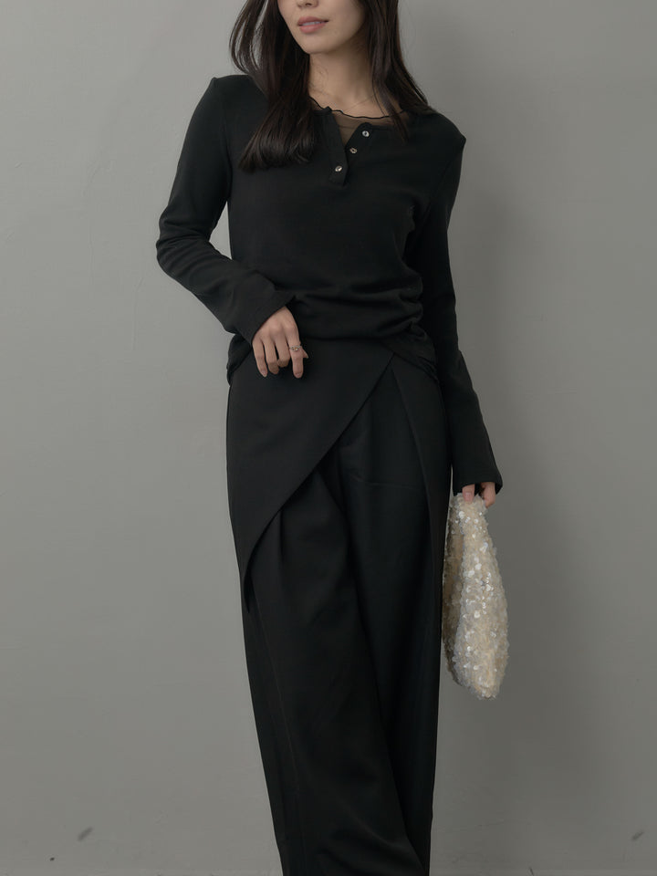 【SET】ミックスヤーンオーバーニットカーディガン+シアーレイヤードヘンリーネックトップス+ウエストラップワイドパンツ(3set)