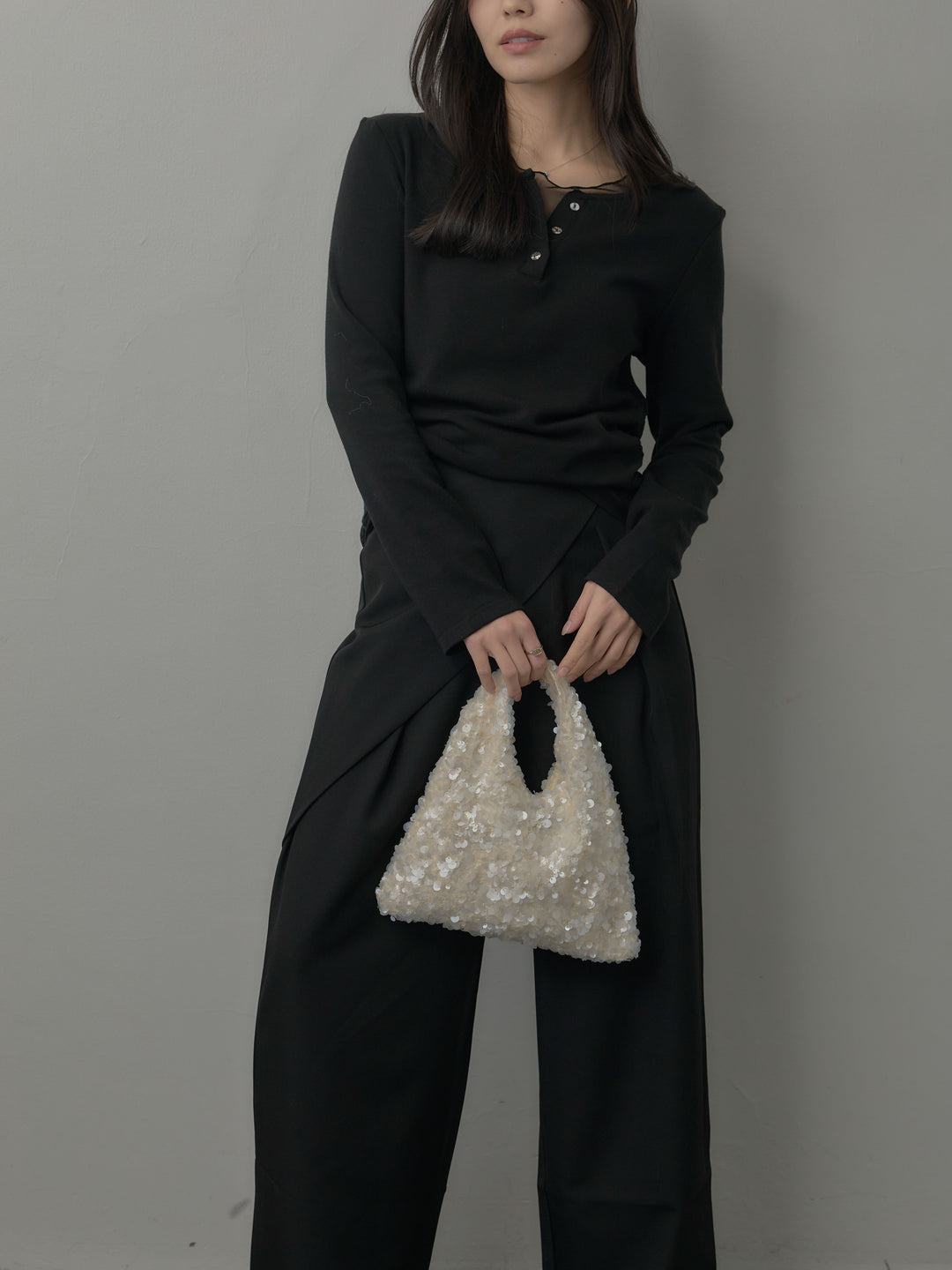 【SET】シアーレイヤードヘンリーネックトップス+ウエストラップワイドパンツ(2set)