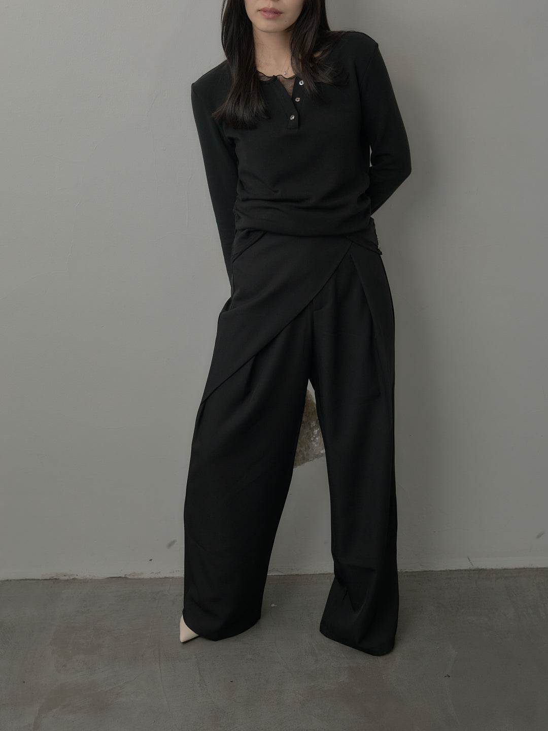 【SET】ミックスヤーンオーバーニットカーディガン+シアーレイヤードヘンリーネックトップス+ウエストラップワイドパンツ(3set)