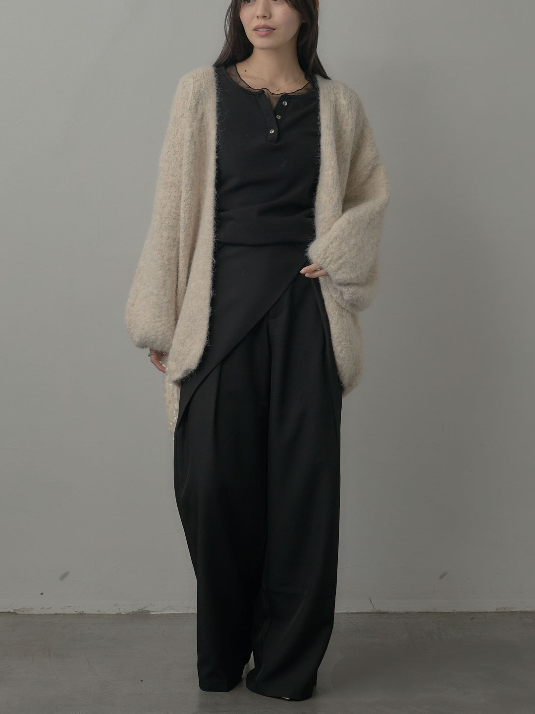 【SET】ミックスヤーンオーバーニットカーディガン+ウエストラップワイドパンツ(2set)