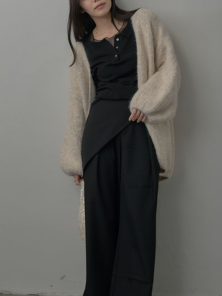 【SET】ミックスヤーンオーバーニットカーディガン+ウエストラップワイドパンツ(2set)