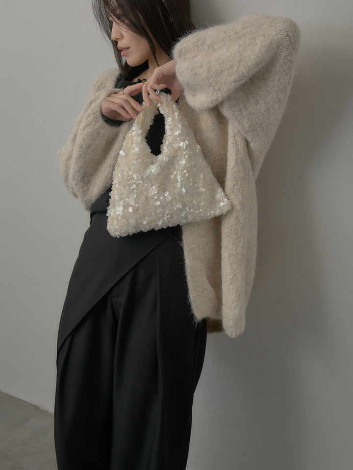 【SET】ミックスヤーンオーバーニットカーディガン+シアーレイヤードヘンリーネックトップス+ウエストラップワイドパンツ(3set)