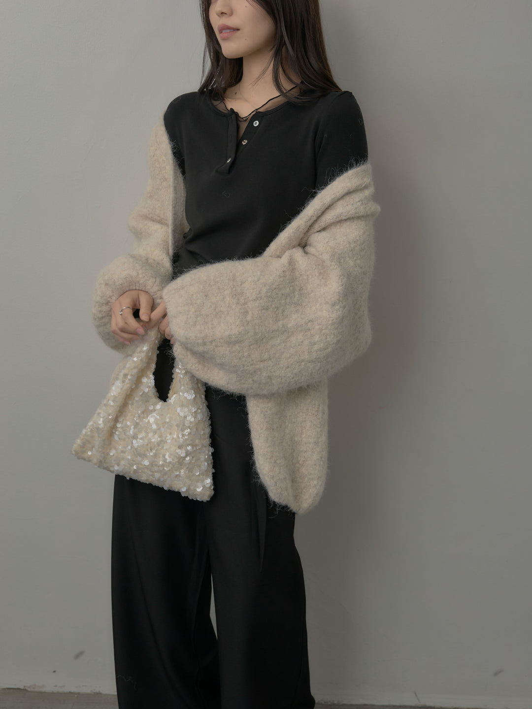 【SET】シアーレイヤードヘンリーネックトップス+ウエストラップワイドパンツ(2set)