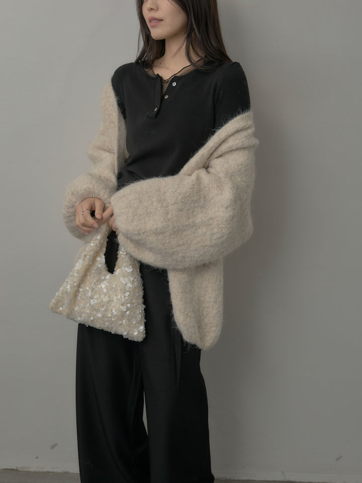 【SET】ミックスヤーンオーバーニットカーディガン+シアーレイヤードヘンリーネックトップス+ウエストラップワイドパンツ(3set)