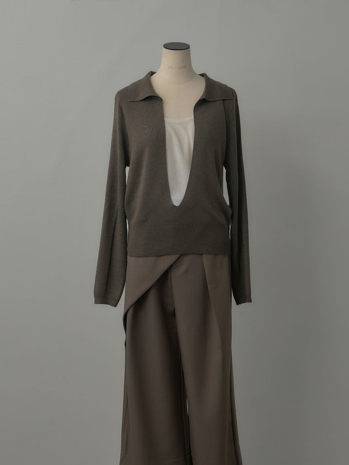 配色レイヤード襟ポロニットトップス