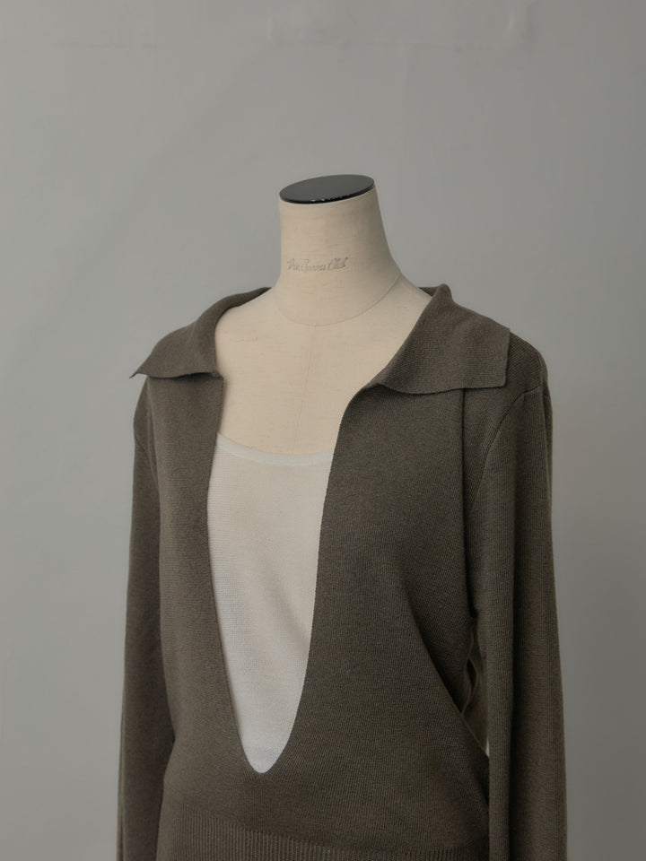 配色レイヤード襟ポロニットトップス