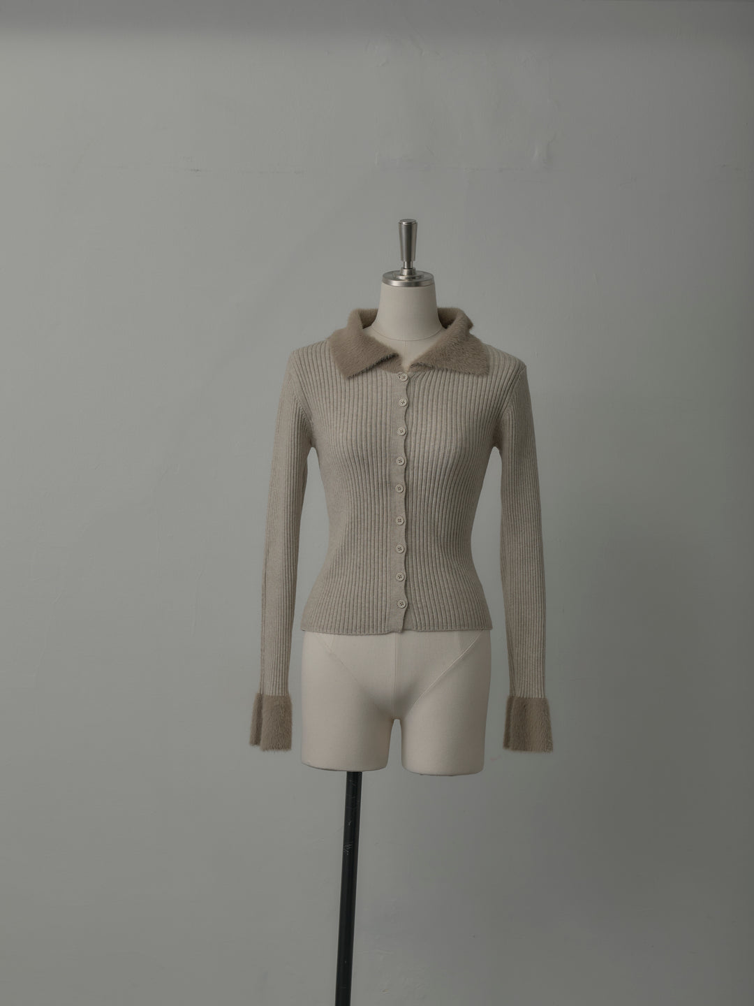 シャギー襟リブニットポロトップス