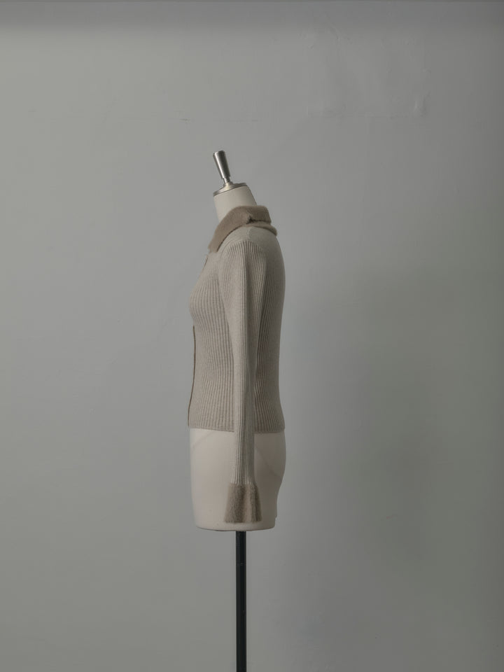 シャギー襟リブニットポロトップス