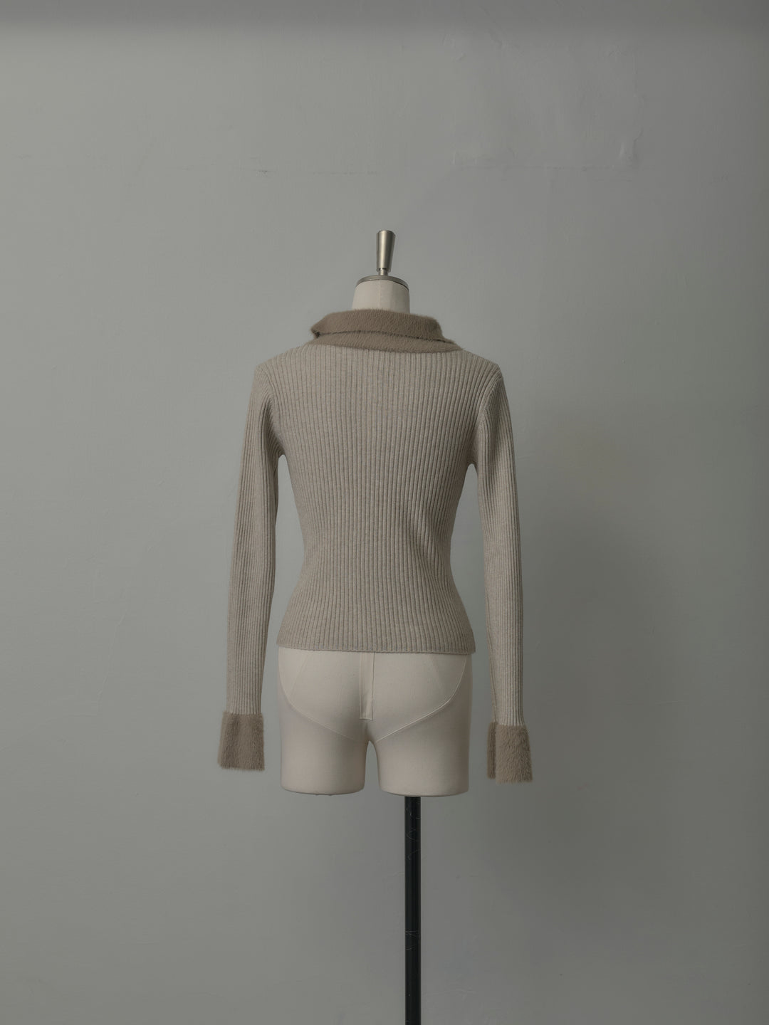 シャギー襟リブニットポロトップス