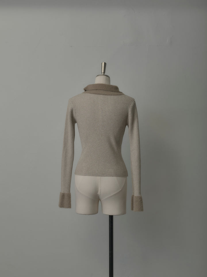 シャギー襟リブニットポロトップス