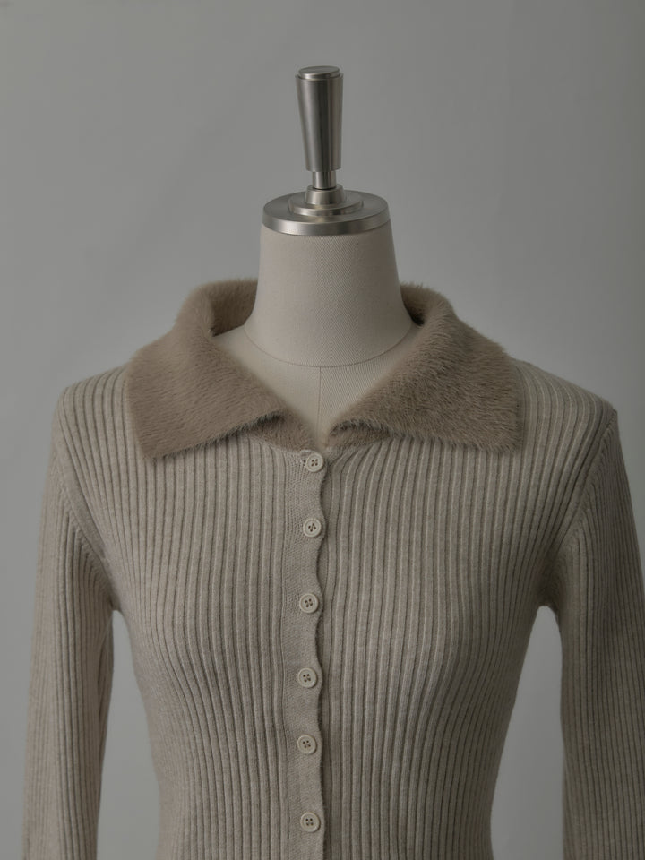 シャギー襟リブニットポロトップス