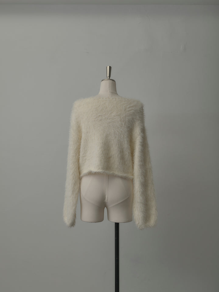 襟デザインシャギーニットトップス