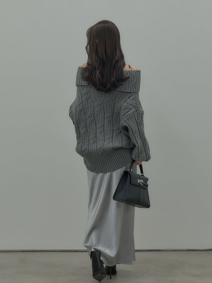 ケーブル編みルーズオフショルニットプルオーバー