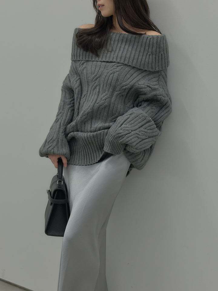 ケーブル編みルーズオフショルニットプルオーバー
