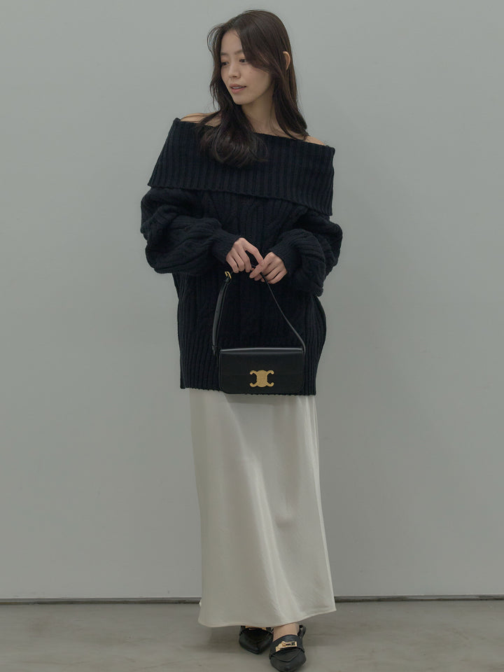 ケーブル編みルーズオフショルニットプルオーバー