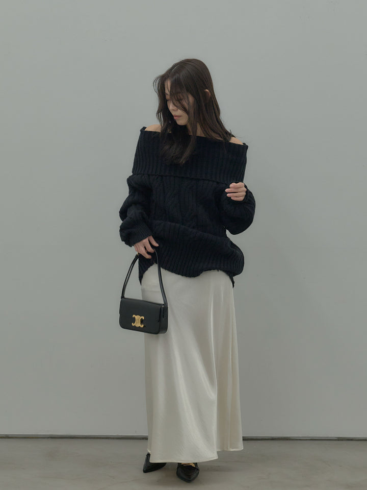 ケーブル編みルーズオフショルニットプルオーバー