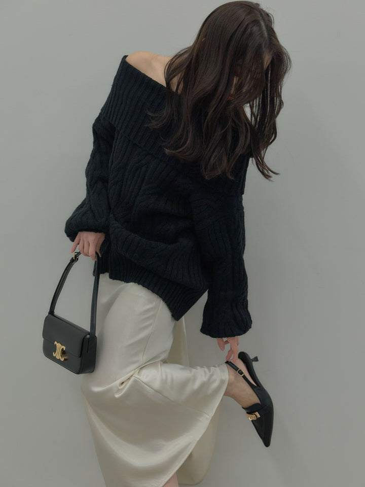 ケーブル編みルーズオフショルニットプルオーバー