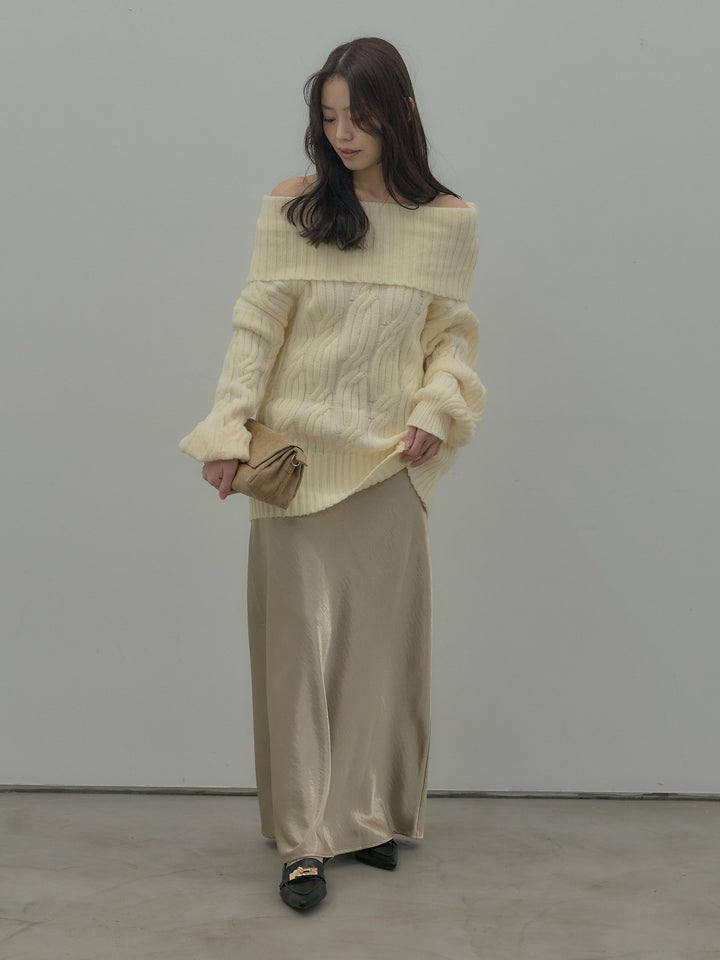 ケーブル編みルーズオフショルニットプルオーバー