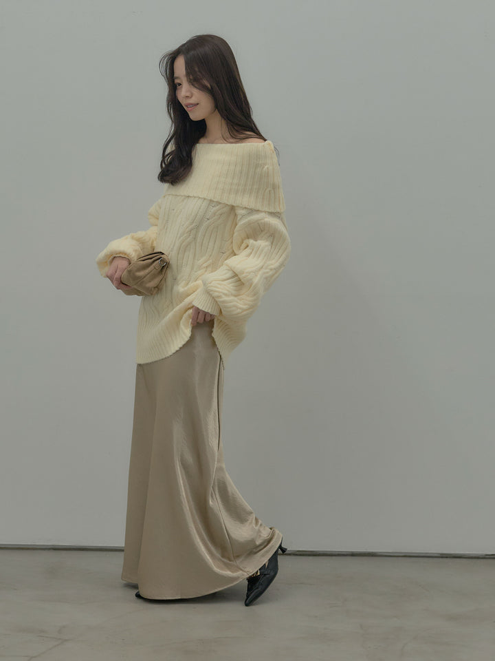 ケーブル編みルーズオフショルニットプルオーバー