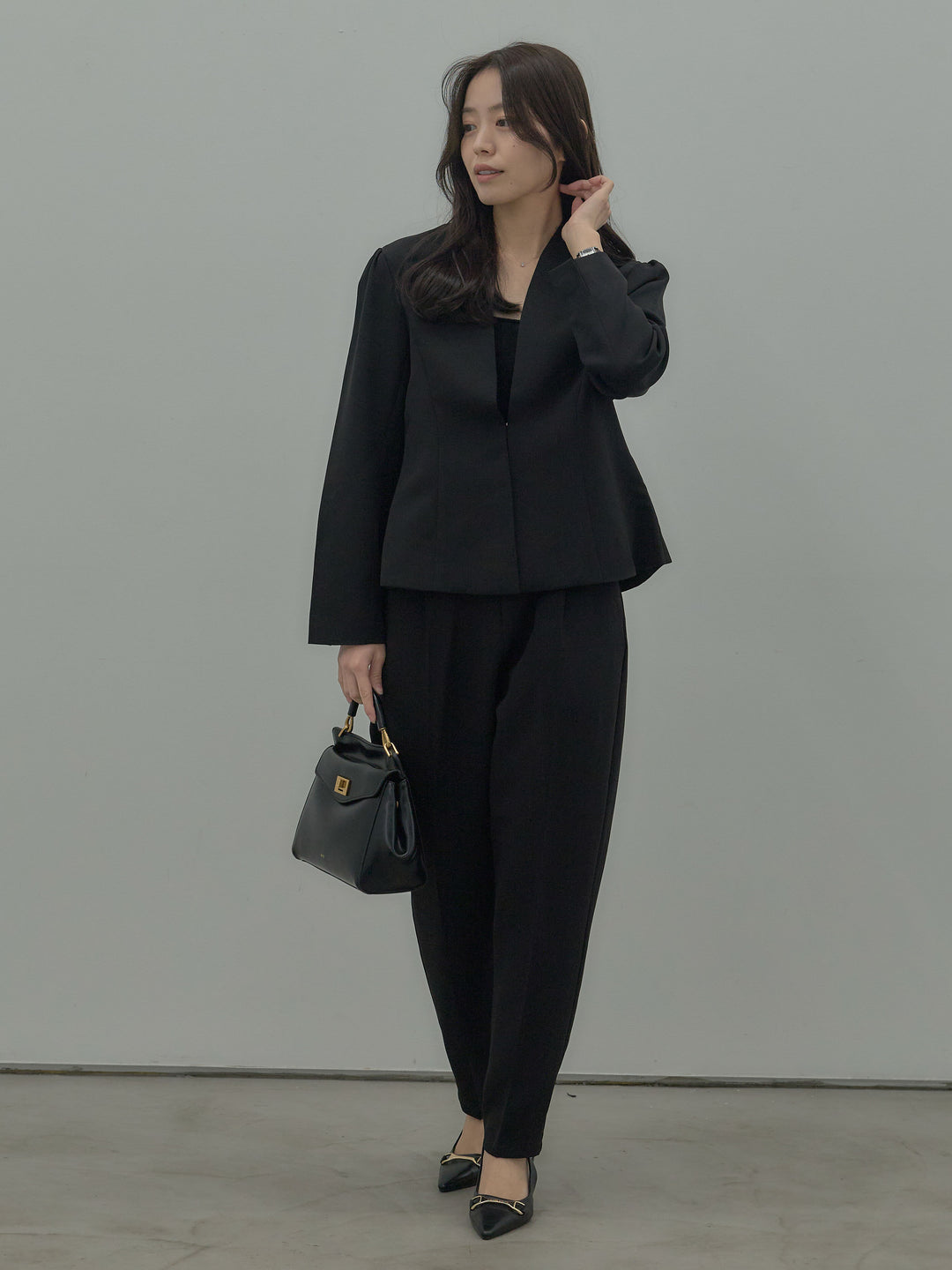 【SET】コントゥアフロントホックノーカラージャケット+ハイウエストデザインパンツ(2set)