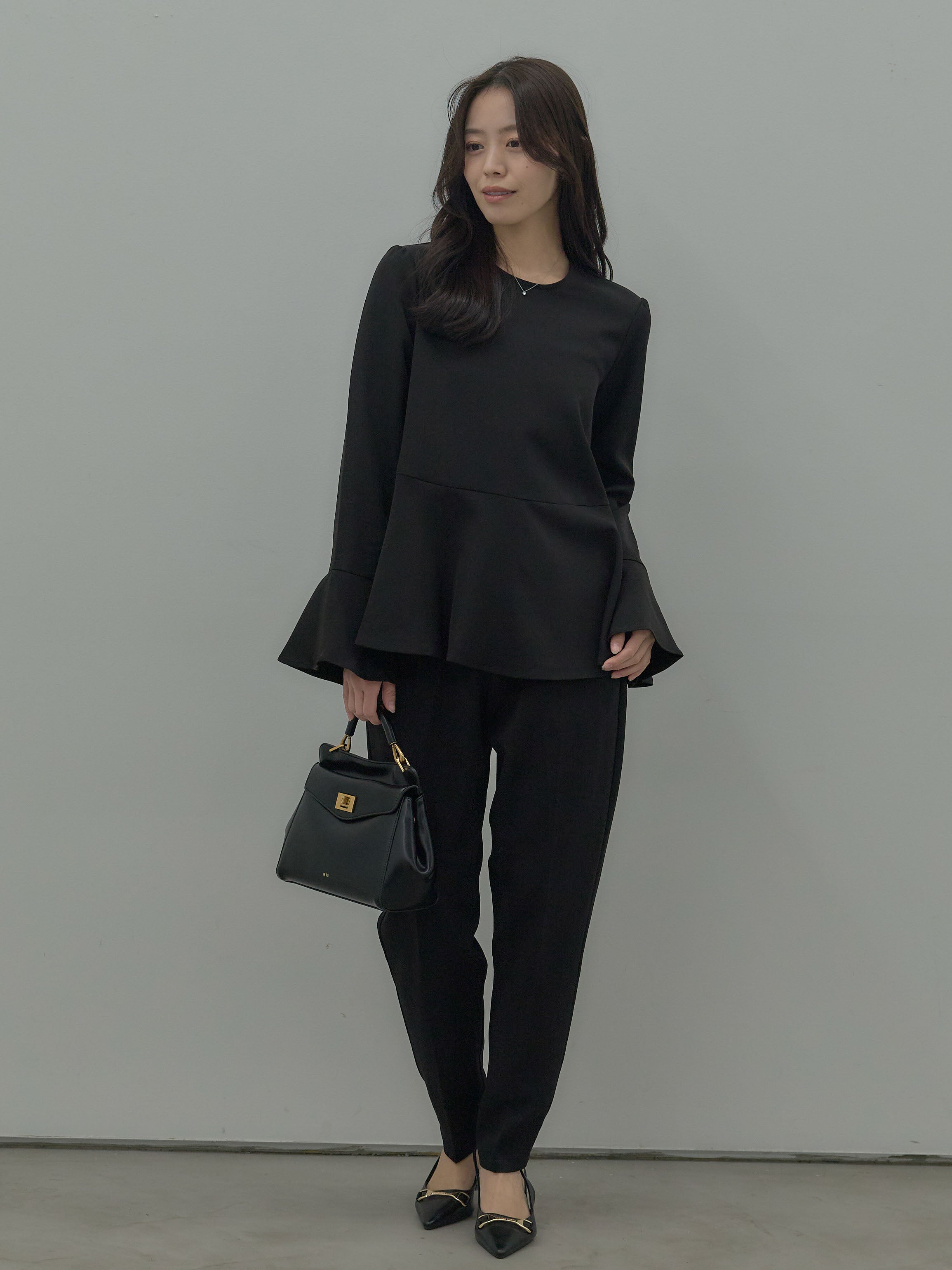 SET】ラウンドネックベルスリーブペプラムブラウス+ハイウエスト