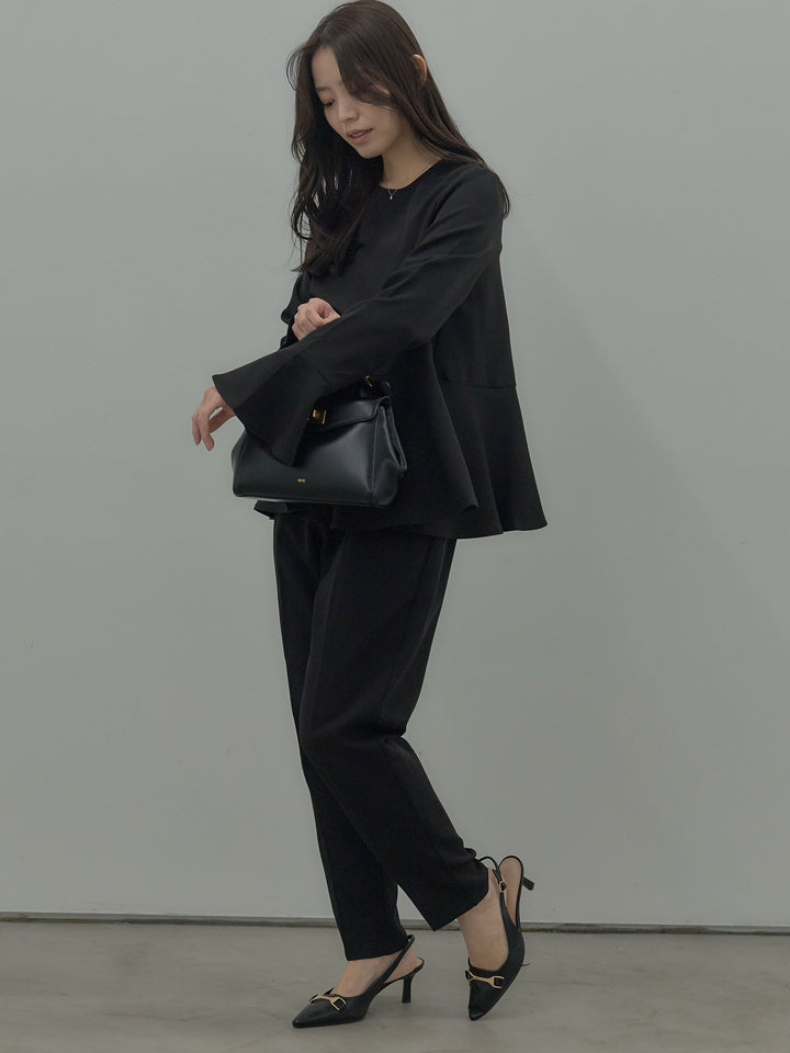 【SET】ラウンドネックベルスリーブペプラムブラウス+ハイウエストデザインパンツ(2set)