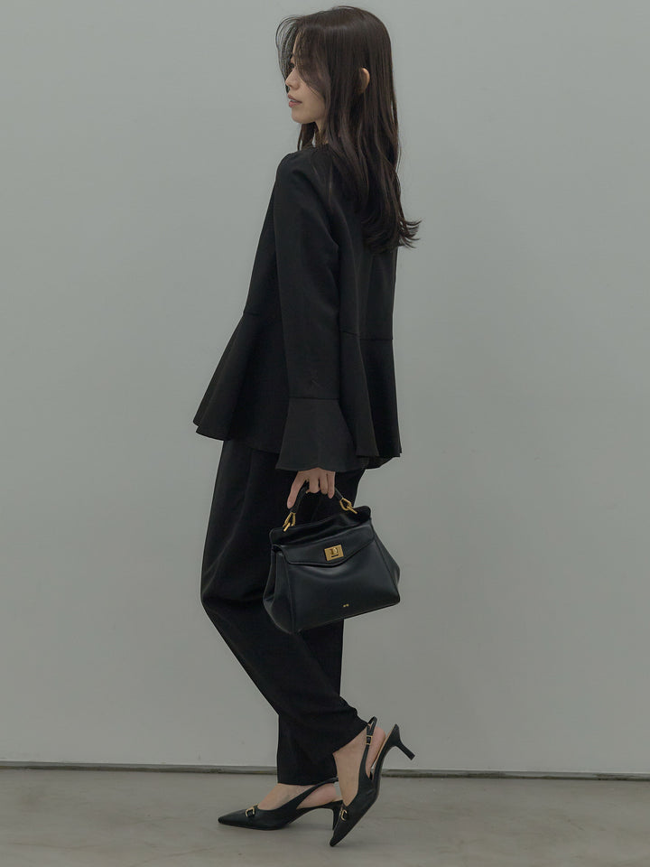 【SET】ラウンドネックベルスリーブペプラムブラウス+ハイウエストデザインパンツ(2set)