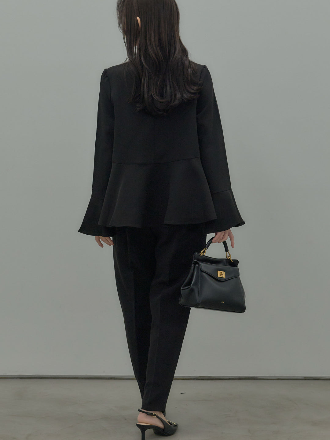 【SET】ラウンドネックベルスリーブペプラムブラウス+ハイウエストデザインパンツ(2set)