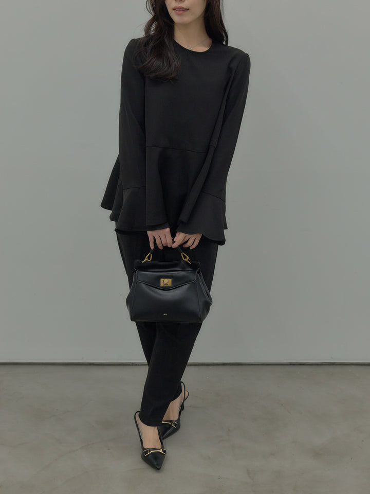 【SET】ラウンドネックベルスリーブペプラムブラウス+ハイウエストデザインパンツ(2set)