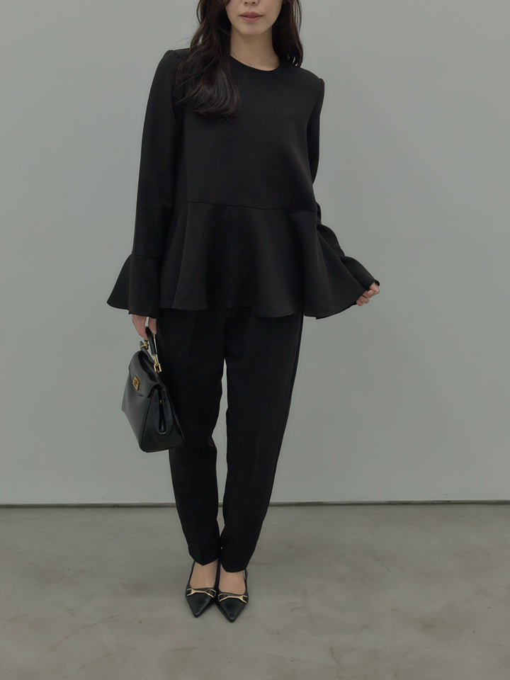 【SET】ラウンドネックベルスリーブペプラムブラウス+ハイウエストデザインパンツ(2set)