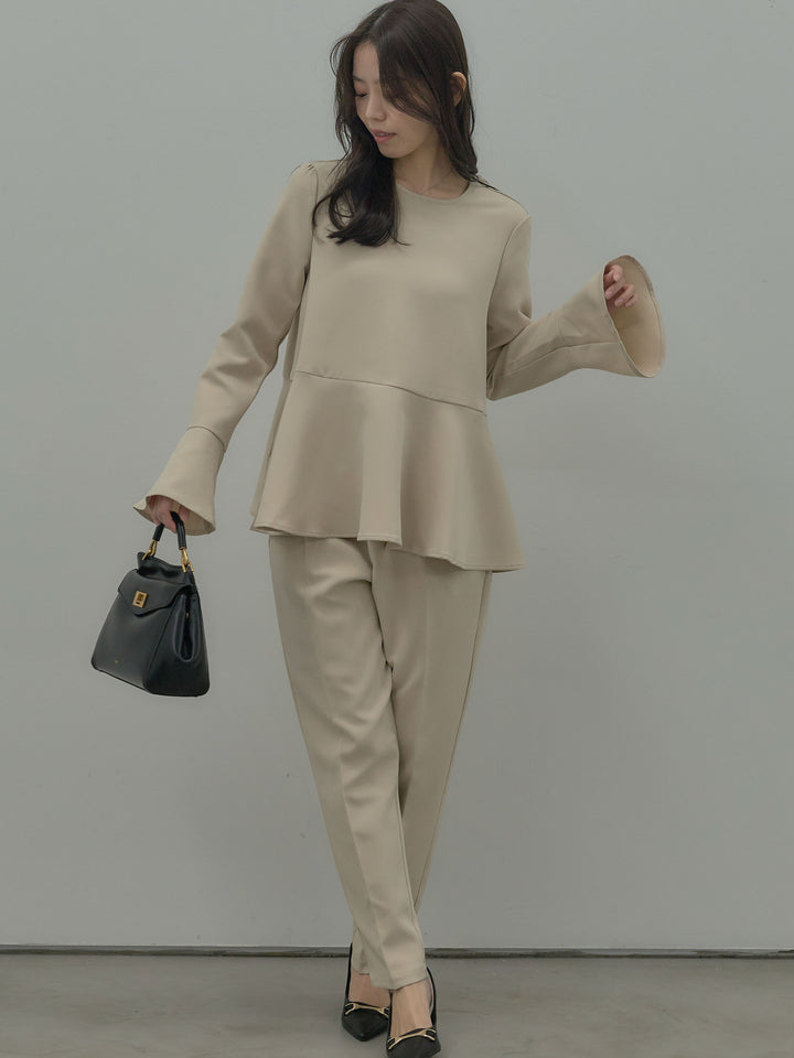 【SET】ラウンドネックベルスリーブペプラムブラウス+ハイウエストデザインパンツ(2set)