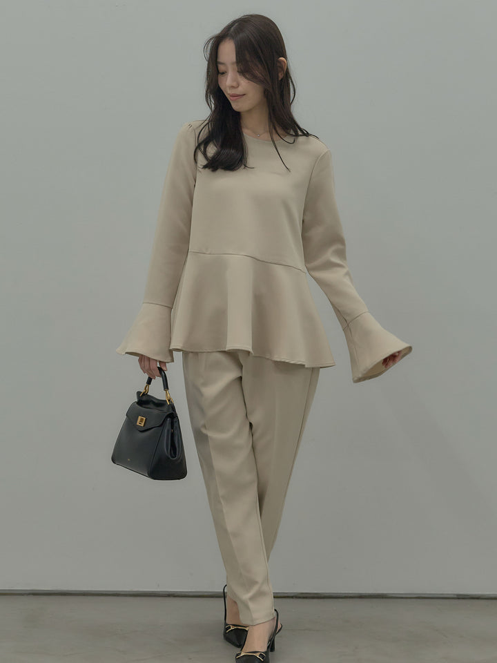 【SET】ラウンドネックベルスリーブペプラムブラウス+ハイウエストデザインパンツ(2set)