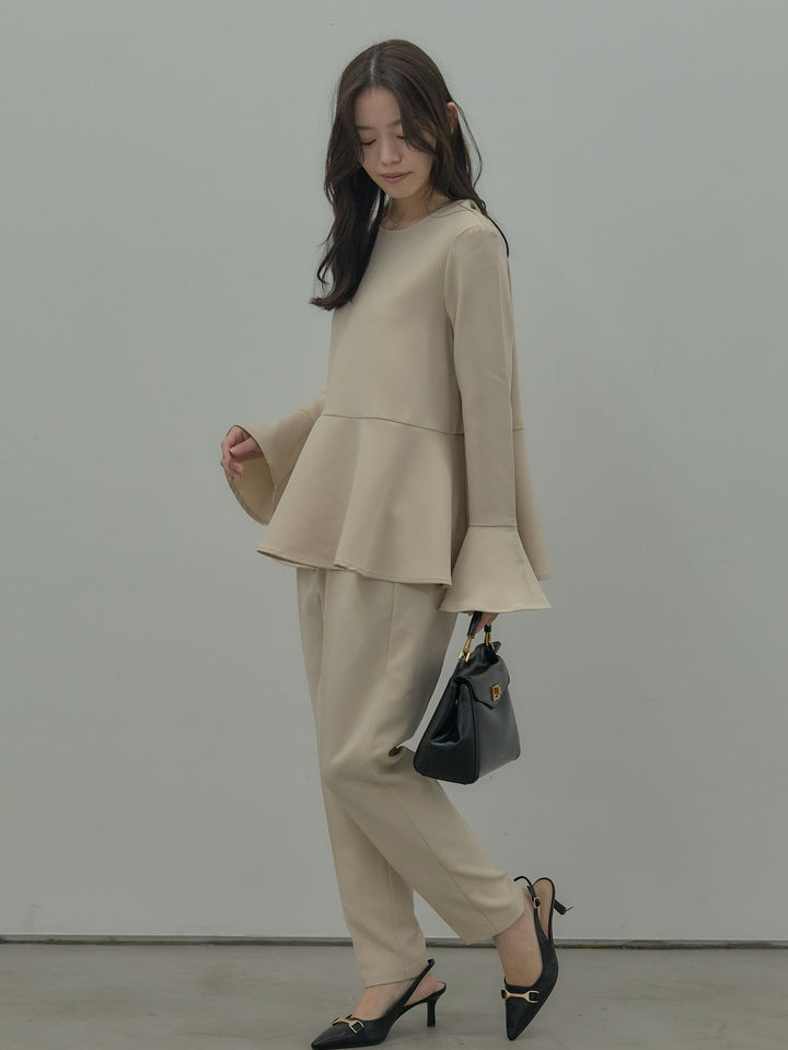 【SET】ラウンドネックベルスリーブペプラムブラウス+ハイウエストデザインパンツ(2set)