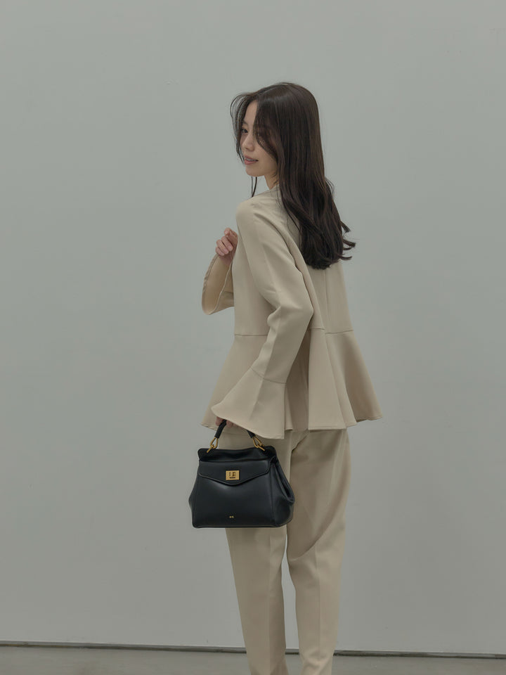 【SET】ラウンドネックベルスリーブペプラムブラウス+ハイウエストデザインパンツ(2set)