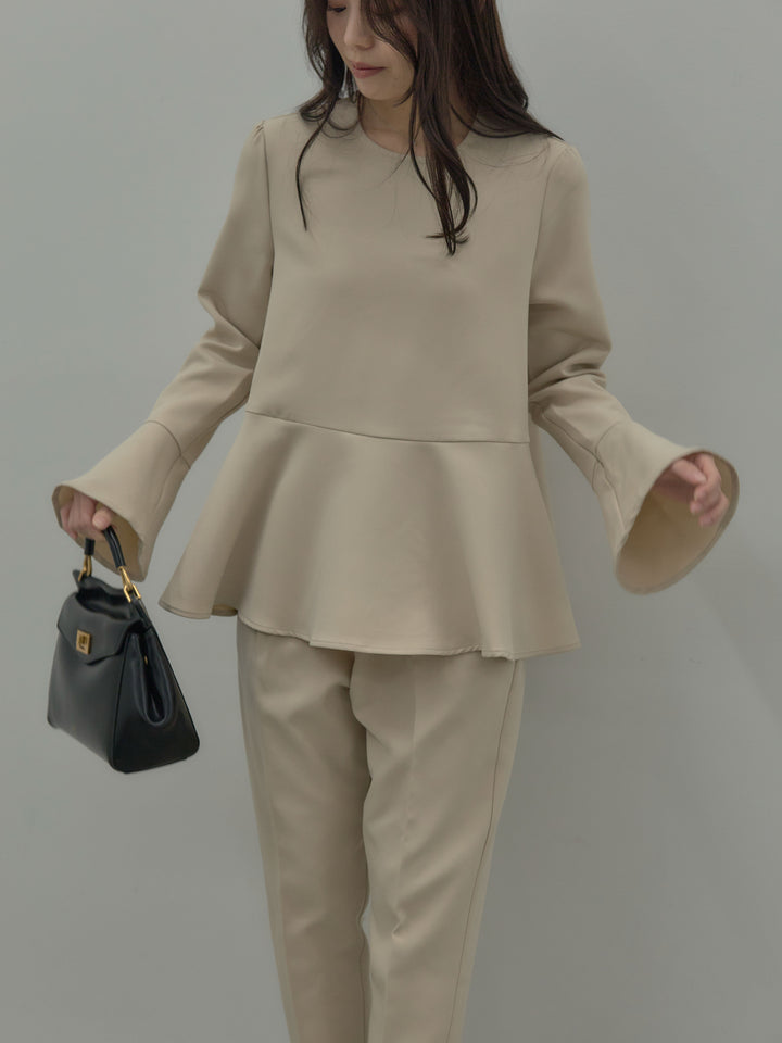 【SET】ラウンドネックベルスリーブペプラムブラウス+ハイウエストデザインパンツ(2set)